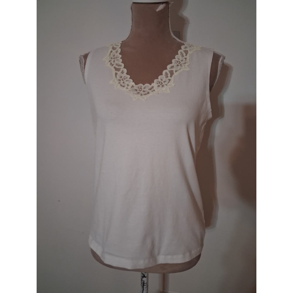 Coldwater Creek White Lace Trim V-Neck Sleeveless Tank Top Small Cotton Spandex